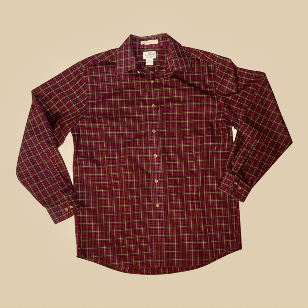 L.L. Bean‎ Men's Casual Plaid Shirt - Burgundy and Olive Size medium